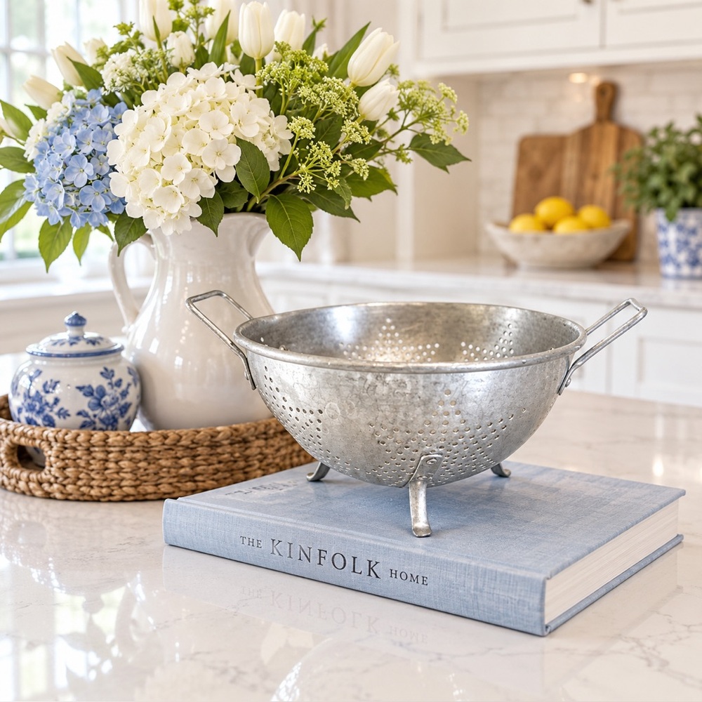 Vintage Silver Color Star Pattern Rustic French Country Cottage Core Colander